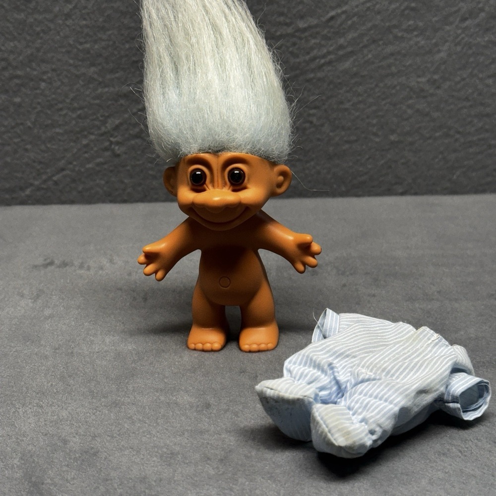 Vintage Russ Troll Doll 5" Figure Blue Striped One Piece Pajamas Baby Blue Hair - Picture 2 of 9